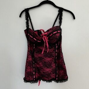 Frederick's of Hollywood Lace Corset Bustier | Black & Pink Ribbon Lace-Up Sz L